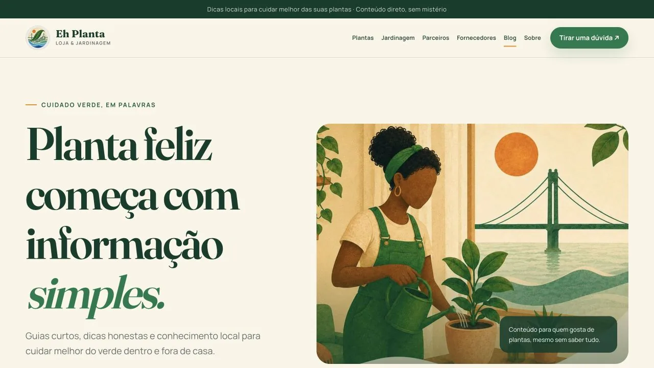 Página inicial do blog da Eh Planta, com conteúdo de cuidado de plantas.