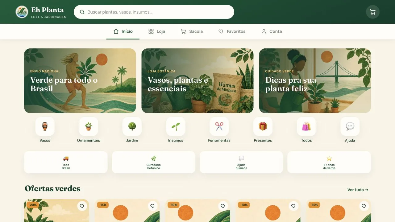 Loja online da Eh Planta, com categorias de produtos e ofertas.