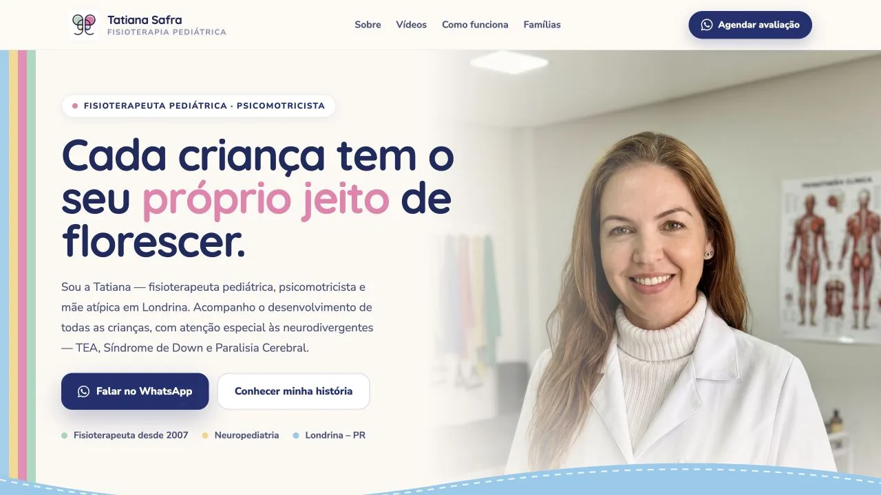 Página inicial do site de Tati Safra, com sua apresentação como fisioterapeuta pediátrica e chamada para agendamento.