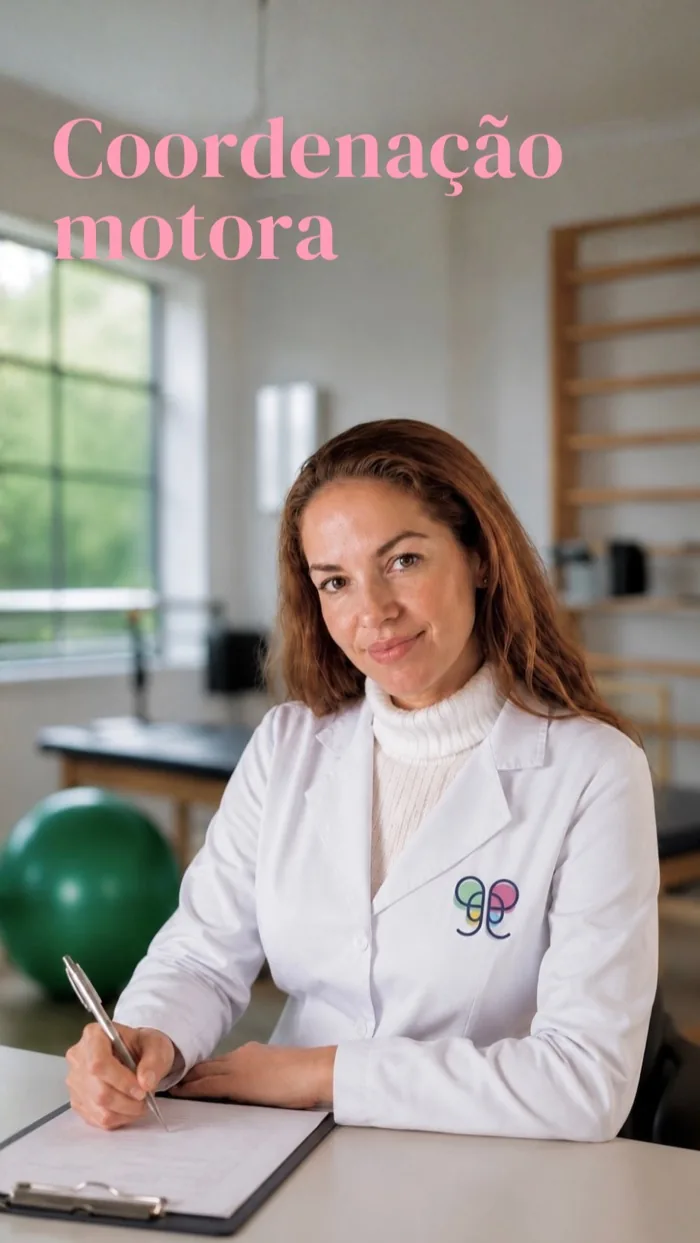 Peça vertical com retrato de Tati Safra no consultório e o título Coordenação motora.